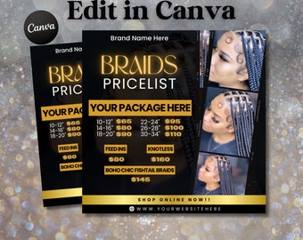 Braid Price List Template,Wig Install Flyer, Pricelist Flyer, Pricing Guide Sheet, Gold and Black , Hair Pricing Flyer, Canva Editable