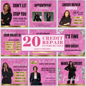 20 modelos de reparo de crédito, pacotes de reparo de crédito para Instagram, reparo de crédito, postagens sobre reparo de crédito, modelo de crédito, modelo editável do Canva