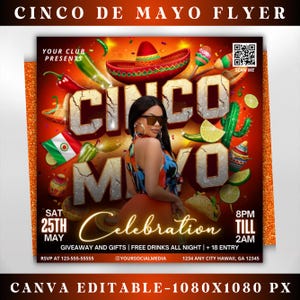 Puede incluir: Un folleto para una celebración del Cinco de Mayo con una mujer con un vestido colorido y gafas de sol. El folleto está decorado con imágenes mexicanas festivas, incluyendo un sombrero, chiles y un cactus. El texto del folleto dice "Cinco de Mayo Celebration" e incluye detalles sobre el evento, como la fecha, la hora y la ubicación.
