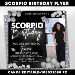 Scorpio Birthday Flyer, Scorpio Birthday Invitation, Birthday Flyer, Scorpio Bash Flyer, Scorpio Season, Birthday Flyer Template For Woman