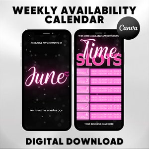 Weekly Availability Calendar Instagram Story, Instagram Story Schedule Template, Available Appointments Calendar, Editable Canva Template