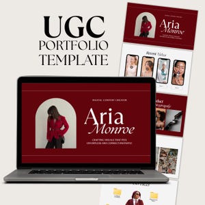 May include: A digital UGC portfolio template displayed on a laptop screen and stacked pages. The design features a deep red background with white serif typography reading Aria Monroe, Digital Content Creator, and Crafting visuals that feel effortless.