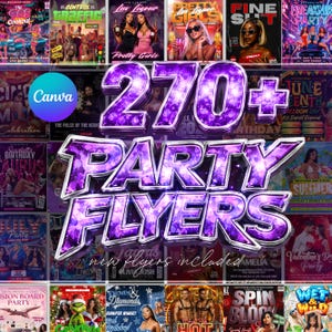 Puede incluir: Una colección digital de más de 270 plantillas de folletos para fiestas con una gran superposición de texto central de color púrpura con textura cristalina que dice 270+ PARTY FLYERS. El fondo muestra una cuadrícula de carteles.