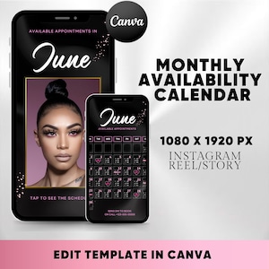 Monthly Availability Calendar Instagram Story, Instagram Story Schedule Template, Available Appointments Calendar, Editable Canva Template
