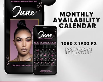 Monthly Availability Calendar Instagram Story, Instagram Story Schedule Template, Available Appointments Calendar, Editable Canva Template