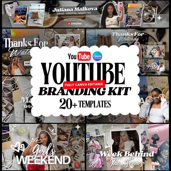 Youtube Branding Kit Templates, Youtube Thumbnail, Animated Intro & Outro, Channel Art Kit, Daily Vlog Brand Kit, Canva Editable Templates