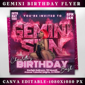 May include: A vibrant flyer for a Gemini birthday bash. The design features a woman with red hair and a gun, set against a fiery pink background. The text includes "GEMINI," "BIRTHDAY," and event details like the date, time, and location.