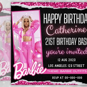 May include: A pink and black birthday invitation with a photo of a woman wearing a pink outfit and a crown. The text reads "Happy Birthday Catherine 21st Birthday Bash You're Invited 12 Aug 2023 Los Angeles 123 Street Theme: Barbie Outfits RSVP at 00-000-000".