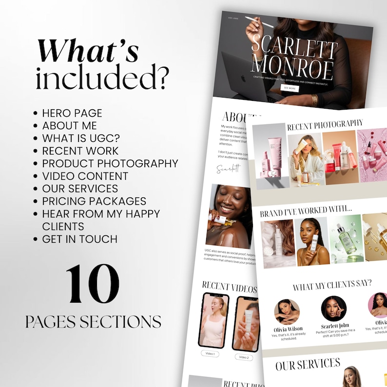 May include: A website design layout with the text "What's included?" and a list of services, including "Hero Page," "About Me," and "Product Photography." The design features images and the name "Scarlett Monroe."