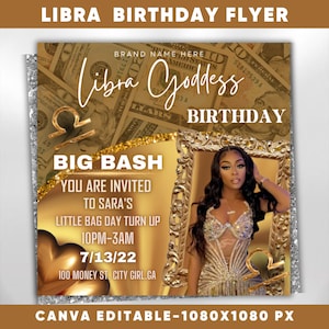 Libra Birthday Flyer, Birthday Template, Birthday Girl, Party Flyer, Celebration Flyer, Birthday Event, Birthday Invite,Canva Flyer Template