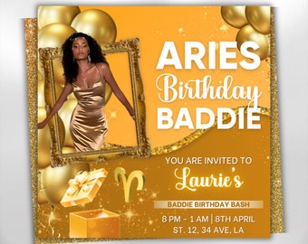 Aries Birthday Flyer, Birthday Flyer Templates, Girl Birthday Party Flyer, Celebration Flyer, Zodiac Birthday Event Flyer Invitation