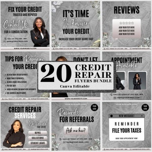 20 modelos de Instagram para reparo de crédito, pacote de reparo de crédito, reparo de crédito, postagens de reparo de crédito, modelo de crédito, modelo editável do Canva