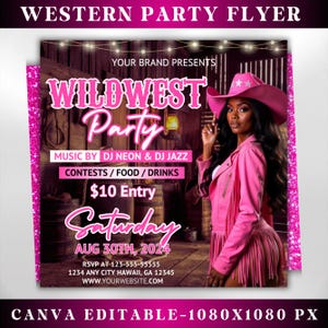 Western Party Flyer, Night Club Flyer, Summer Pool Party Flyer, Cowgirl Party, Social Media Flyer, Editable Canva Template, Instant Download