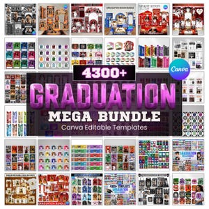 Puede incluir: Un collage de productos y plantillas con temática de graduación. La imagen presenta varios diseños, incluyendo pancartas, tarjetas y elementos decorativos. El texto "4300+ GRADUATION MEGA BUNDLE Canva Editable Templates" se muestra en grande, en morado.
