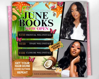 June booking flyer, June Diy flyer canva templates, Book now flyers, June Bookings Hair Braid Makeup MUA Lash Estheticians, Instant download