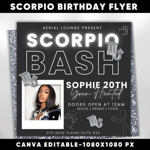 Scorpio Birthday Flyer, Birthday Template, Birthday Girl, Party Flyer, Celebration Flyer, Birthday Event, Birthday Invite, Canva Flyer