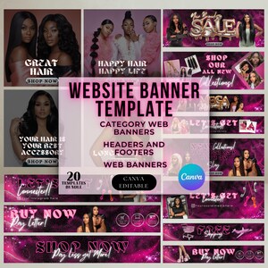 May include: A collection of website banner templates with a pink and black color scheme. The banners feature images of women with long hair, text such as "SALE", "Shop Now", and "Website Banner Template". The templates are Canva editable.