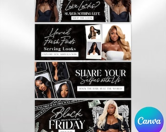 Editable Hair Bundles Web Slide Banners for Shopify, Customizable Hair Salon Templates, Perfect for Black Friday Promotions