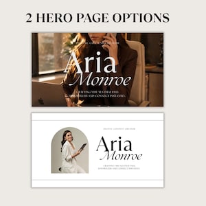 May include: Two hero page options are displayed. The top image features a woman in a brown blazer, with the text "Aria Monroe" and "Crafting visuals that feel effortless and connect instantly." The bottom image shows a woman in a white blazer with the same text.