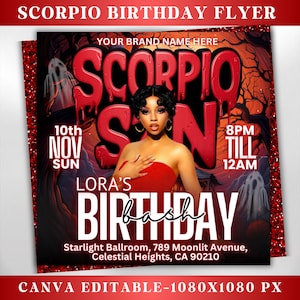 Scorpio Birthday Flyer, Birthday Girl, Happy Birthday Flyer, Scorpio Season, Halloween Party Flyer, Celebration Flyer, Canva Editable