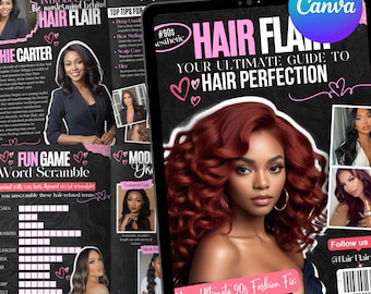90s Magazine Template, 90s Style Magazine Template For Hair Lashes, Nails, MUA, Beautician, Braid, Boutique, Magazine Catalog Canva Template