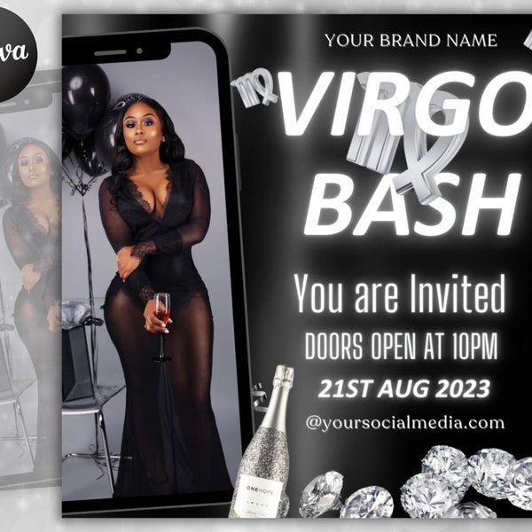 Editable Virgo Birthday Flyer, Birthday Template, Birthday Girl, Black Birthday Flyer, Virgo Season, Party Flyer, Celebration Flyer