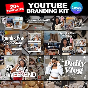 May include: A YouTube branding kit with the text "20+ TEMPLATES" and "YOUTUBE BRANDING KIT Canva Editable". The kit includes templates for channel art, thumbnails, and end screens. The kit features the name "Juliana Malkova" and the words "TRAVEL - LIFESTYLE - BEAUTY TIPS".