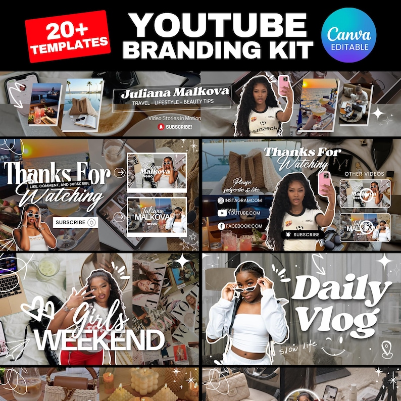 May include: A YouTube branding kit with the text "20+ TEMPLATES" and "YOUTUBE BRANDING KIT Canva Editable". The kit includes templates for channel art, thumbnails, and end screens. The kit features the name "Juliana Malkova" and the words "TRAVEL - LIFESTYLE - BEAUTY TIPS".