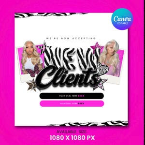 May include: A promotional graphic with a white background and a pink border. The text "WE'RE NOW ACCEPTING NEW Clients" is displayed in a bold, stylized font. Two photos of a woman with blonde hair are included. The graphic also features zebra print accents and two buttons.