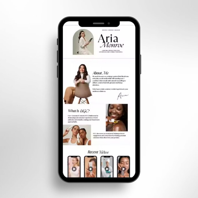 May include: A black smartphone displays a website with the name "Aria Monroe" at the top. The website features photos, text, and video thumbnails. The content appears to be related to content creation and social media.