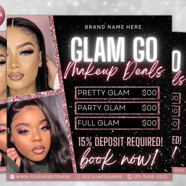 Printable Glam Go Makeup Special Deals Flyer, Custom Makeup Pricing Flyer, Beauty business Canva Template, Book Now Flyer, Instant Download