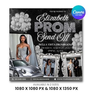 May include: A square invitation for an Elizabeth Prom Send Off, featuring a woman in a silver gown next to a silver car. The invitation includes text, balloons, and two framed photos. The text includes the date, time, and location.