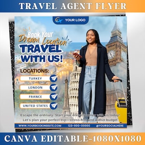 Travel Agent Flyer, DIY E-Flyer Template, Travel Flyer, Vacation Flyer, Travel Agency, Social Media Flyer, Canva Editable, Instant Download