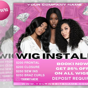 Wig Install Specials Flyer | DIY Hair Salon Appointment Book Now Sale Bundles Wigs Booking Salon Price List Editable Canva Flyer Template
