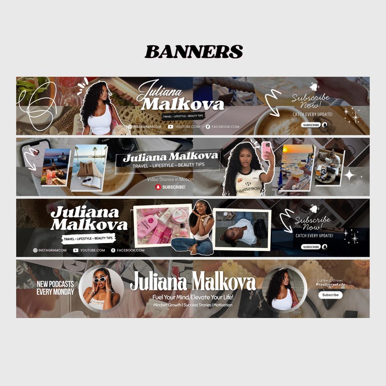May include: A collection of four banners featuring the name "Juliana Malkova" with the text "Travel - Lifestyle - Beauty Tips." Each banner includes images of Juliana, social media icons, and calls to subscribe. The word "Banners" is at the top.