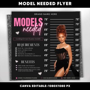 Può includere: Un volantino in bianco e nero con testo rosa che recita "Modelle ricercate" e una foto di una donna con un vestito nero. Il volantino elenca i requisiti e i vantaggi per diventare modella. Il testo include anche il sito web e gli handle dei social media del marchio.