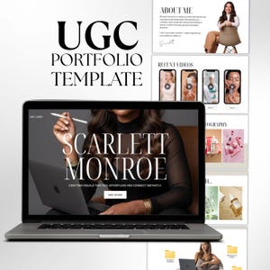Pode incluir: Um laptop exibindo um modelo de portfólio com o texto "UGC PORTFOLIO TEMPLATE" e "SCARLETT MONROE". O modelo inclui seções para "About Me", "Recent Videos" e "Photography".
