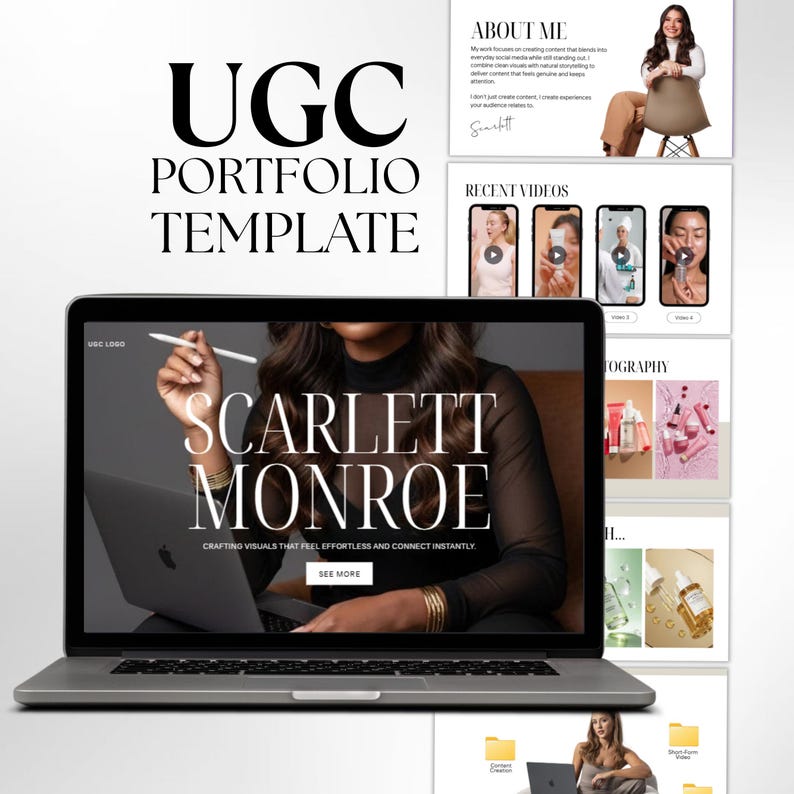 May include: A laptop displaying a portfolio template with the text "UGC PORTFOLIO TEMPLATE" and "SCARLETT MONROE". The template includes sections for "About Me", "Recent Videos", and "Photography".
