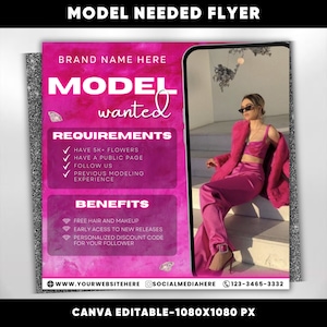 Può includere: Un volantino rosa e bianco con il testo "MODEL WANTED" in grandi lettere bianche. Il volantino elenca i requisiti e i vantaggi per i modelli. Il testo include "HAVE 5K+ FLOWERS", "HAVE A PUBLIC PAGE", "FOLLOW US", "PREVIOUS MODELING EXPERIENCE", "FREE HAIR AND MAKEUP", "EARLY ACCESS TO NEW RELEASES", "PERSONALIZED DISCOUNT CODE FOR YOUR FOLLOWER". Il volantino include anche un indirizzo del sito web, un identificativo dei social media e un numero di telefono.