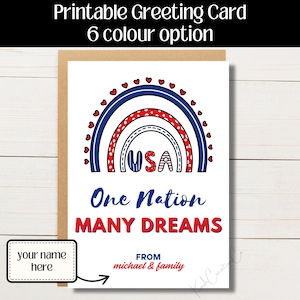 "Personalisierte 4. Juli Karte mit Namen - One NationMany Dreams Zitat, druckbare Feierkarte zum Unabhängigkeitstag, digitaler Download."