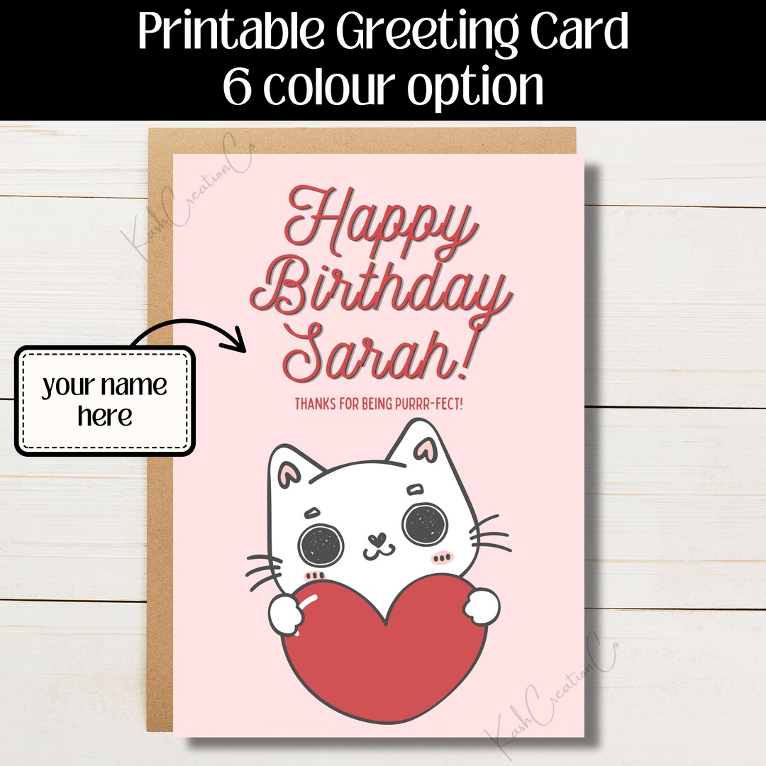 Printable Cute Cat Birthday Card – Personalized 5x7 Greeting With Cute ...