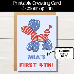 Tarjeta imprimible para el primer 4 de julio para niños: saludo patriótico personalizado con perro y globo, nombre personalizado, descarga digital en rojo, blanco y azul.