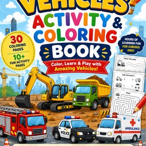 Op de afbeelding: Een voertuigen-activiteiten- en kleurboek met een gele graafmachine, groene kiepwagen, rode brandweerwagen, zwart-witte politieauto en witte ambulance, geïllustreerd met een vliegtuig en een heteluchtballon op de kaft.