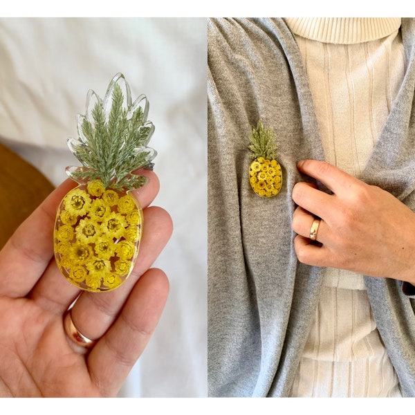 Pineapple brooch, fruit brooch, real flower brooch, brooches for women, resin jewelry, unusual gift for her, gift for mom, botanical jewelry