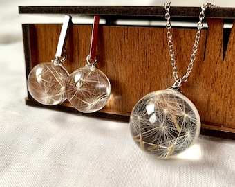 Dandelion jewelry set, dandelion seeds jewelry, resin jewelry, dandelion orb earrings, orb necklace, botanical necklace earrings set.