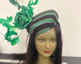 Elegant Green Floral Fascinator – Statement Headpiece with Striped Base | Wedding, Races, Special Occasion Hat