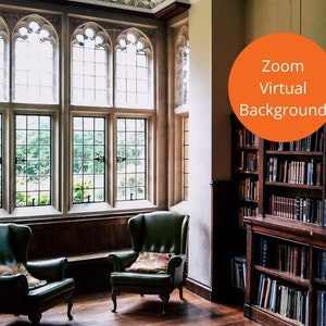 May include: A large, dark wood bookcase filled with books in a room with a large window and two green armchairs. The text "Zoom Virtual Background" is written on a circle in the upper right corner of the image.
