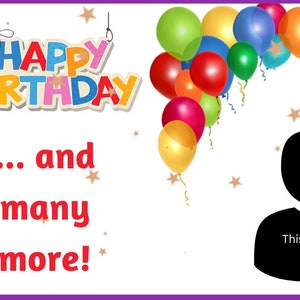 Può includere: Un biglietto di auguri di compleanno colorato con le parole "Buon compleanno" e "...e tanti altri!"  Una sagoma di una persona è al centro del biglietto con il testo "Questo sei tu."  Il biglietto è decorato con palloncini e stelle colorati.