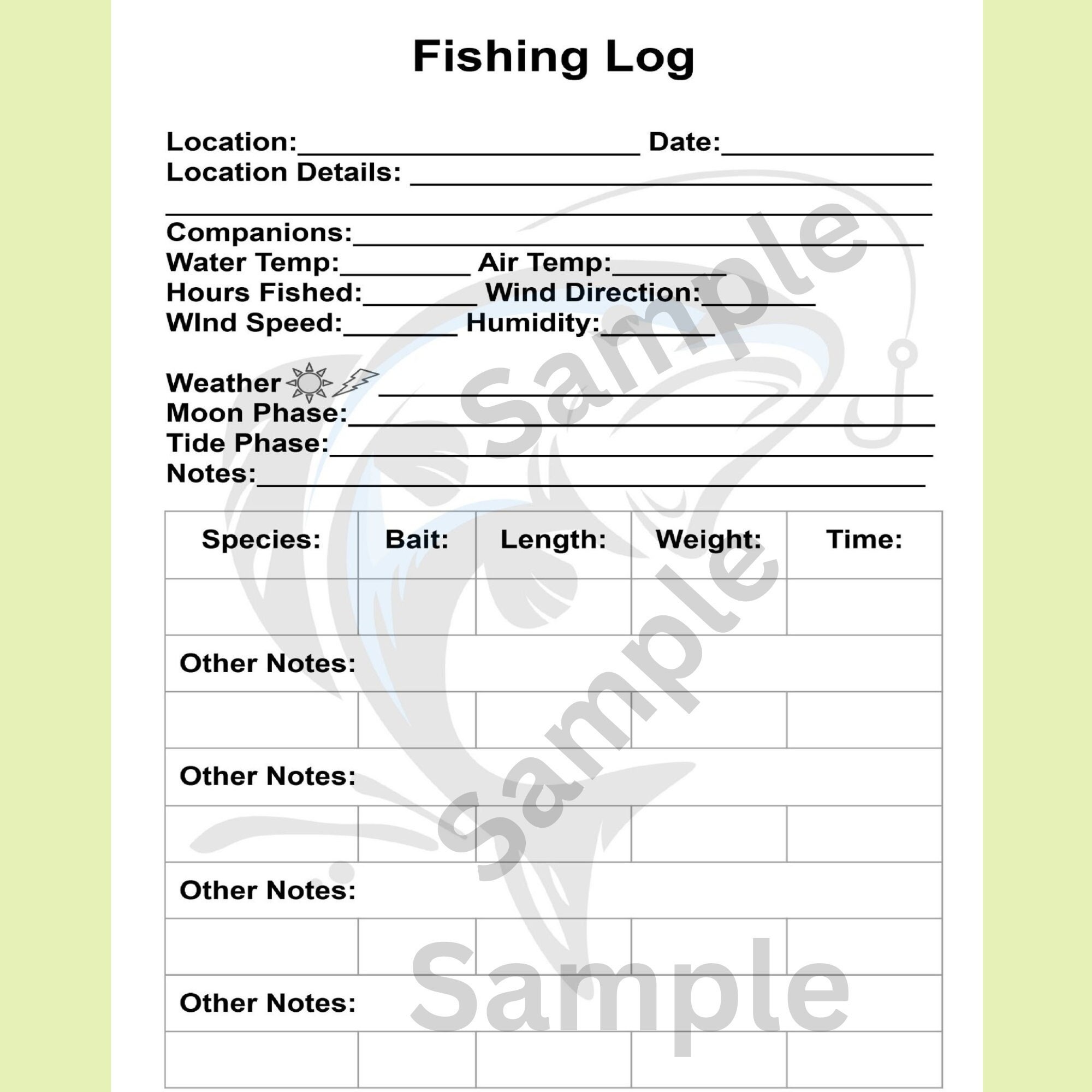Fishing Log Pages and Fishing Journal Stationery, Printable