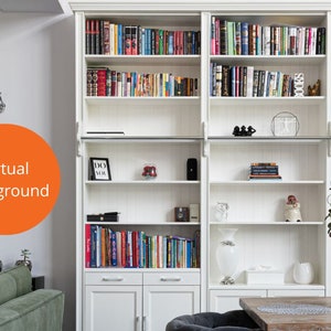 Weißer Bücherregal-Zoom-Hintergrund, digitaler virtueller Hintergrund für Zoom und andere virtuelle Meetings